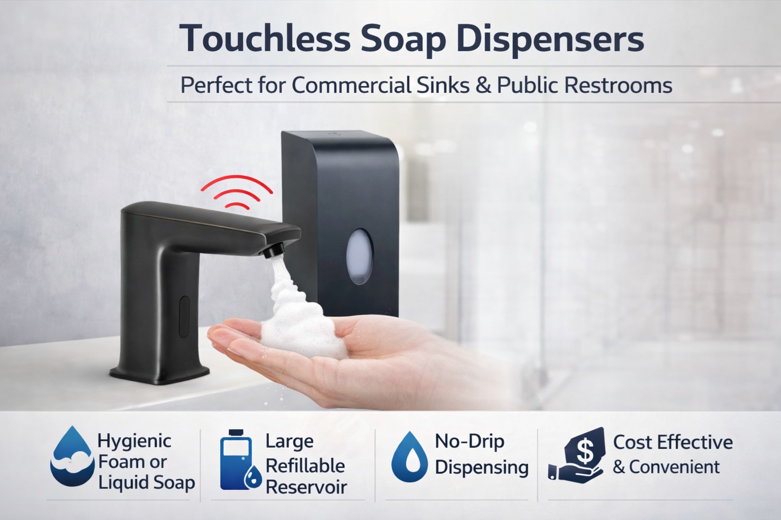 Touchless soap dispensers for commercial sinks and public restrooms